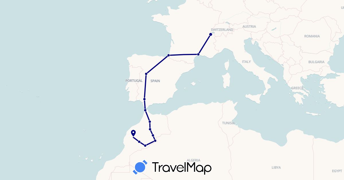 TravelMap itinerary: driving in Switzerland, Spain, France, Morocco (Africa, Europe)